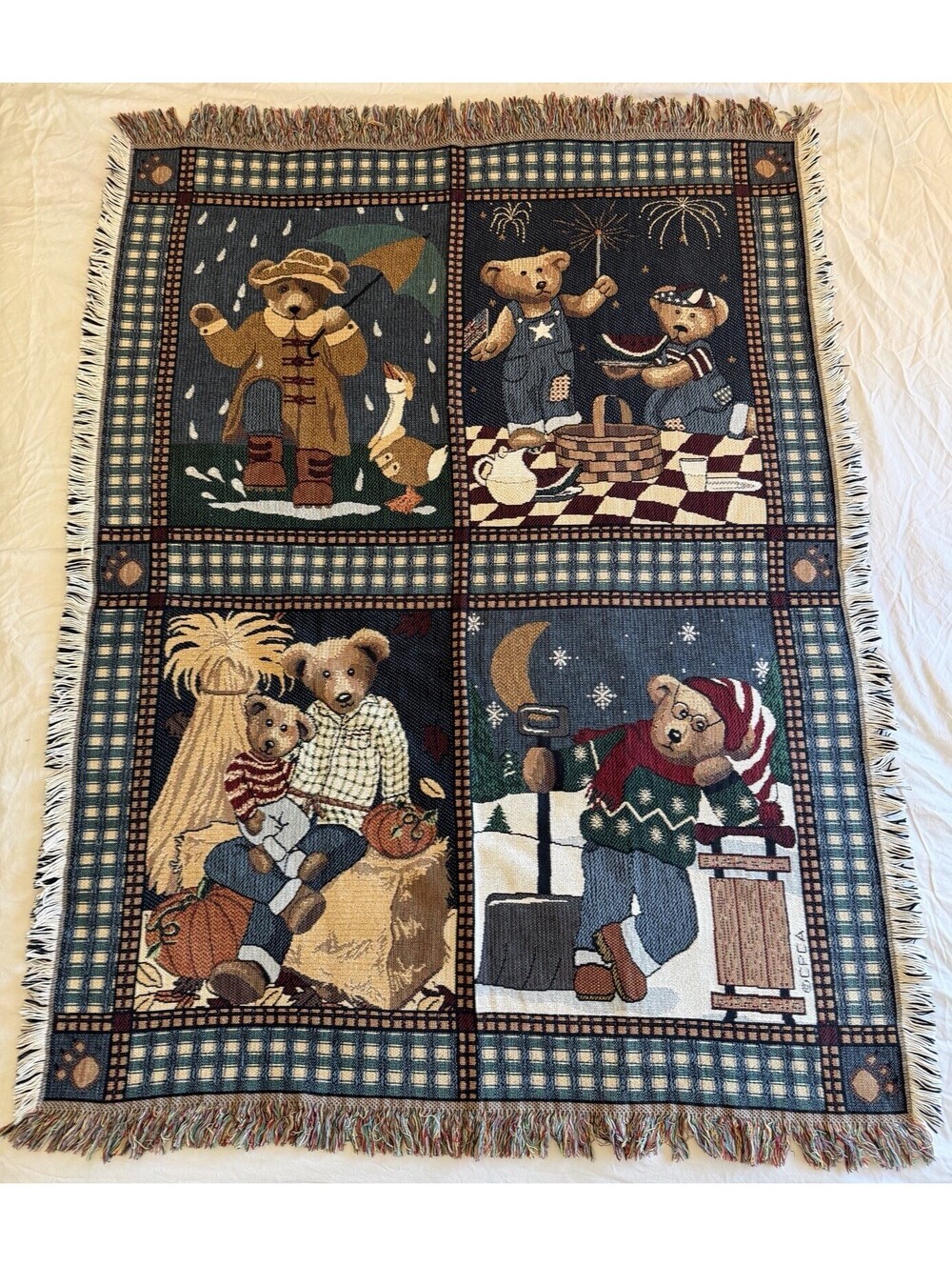 Vintage CPCA Teddy Bear Four Seasons Woven Tapestry Throw Blanket Fringe EUC